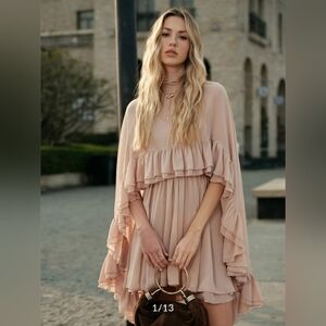 Commense NAVY Semi-Sheer Chiffon Ruffle Dress With Outer Cape